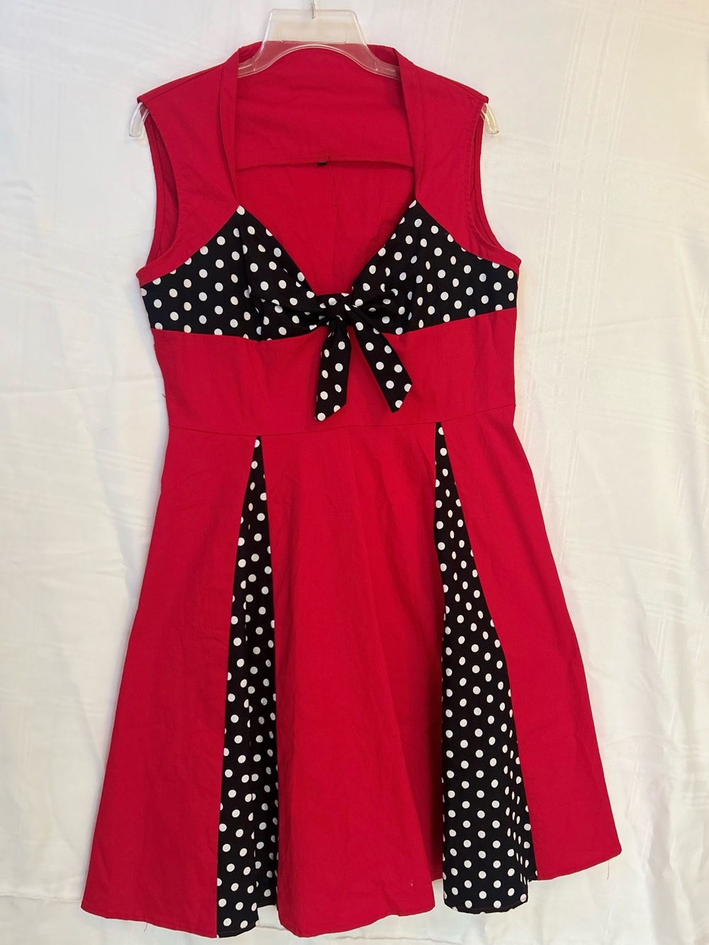 Vintage plus size pinup style red dress w/black & white polka dot neckline & bow